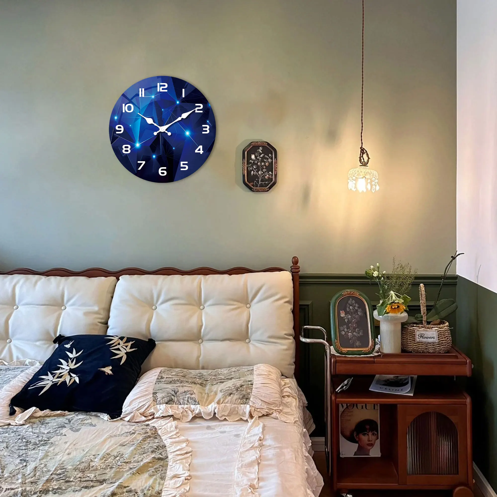 ساعة حائط خشبية قطعة واحدة، عناصر هندسية - ساعة حائط بتصميم خيال أزرق داكن، ساعة كوارتز صامتة، لغرفة المعيشة وغرفة النوم،