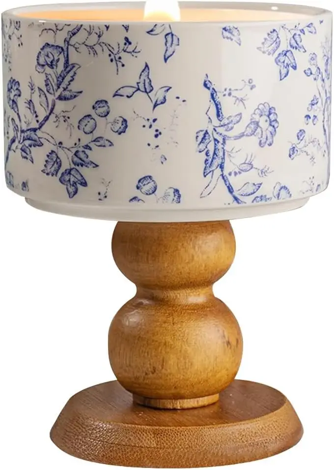 Cerámica azul y blanca, tarro de madera + cerámica para mezclar soja de 5 oz, 30 horas de larga duración, set de regalos para mujeres (azul)