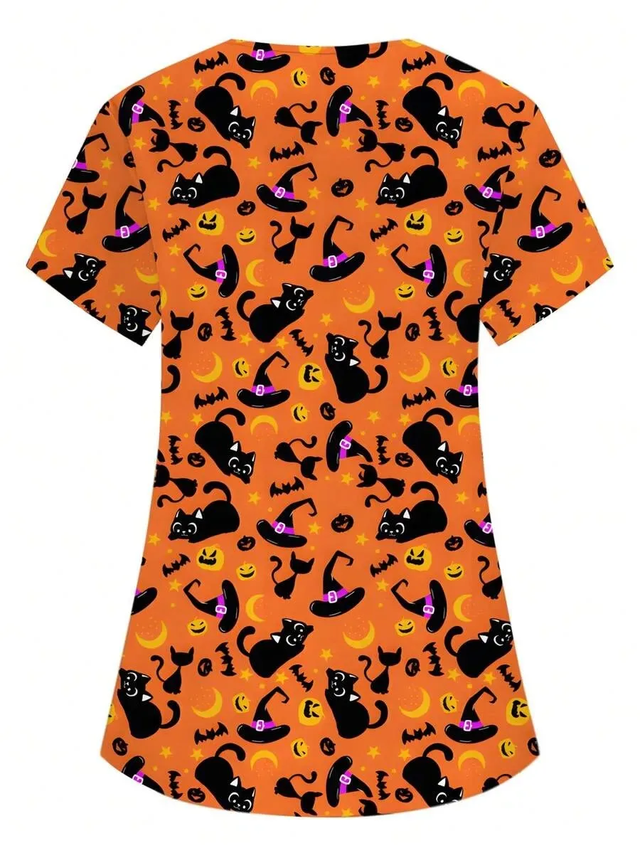 2026 New Halloween Pumpkin Head Nurse Uniform Top, Fashionable V-Neck Pocket Workwear, Medical Women's Uniform