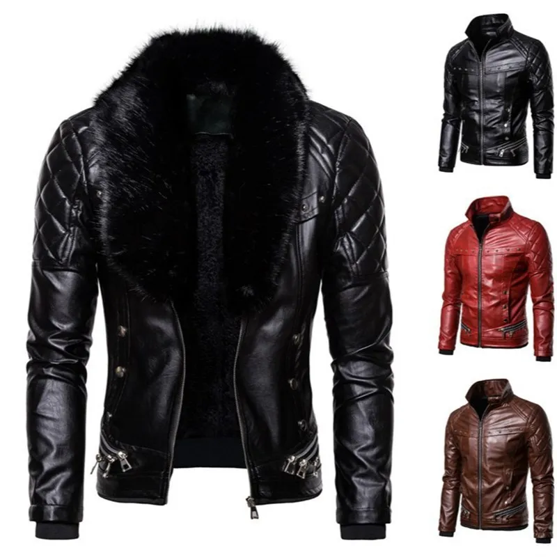 

Men's Punk Detachable Fur Collar Rivet Quilted Thi Windproof Leather Jaet Casual ort Sve ort Coat Warmth Protection