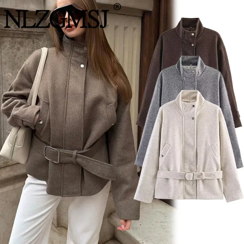 Nlzgmsj 2026 Autumn Winter Women Stand Collar Belted Blend Loose Warm Outerwear Casual Pocket Jacket Thick Windproof Coat