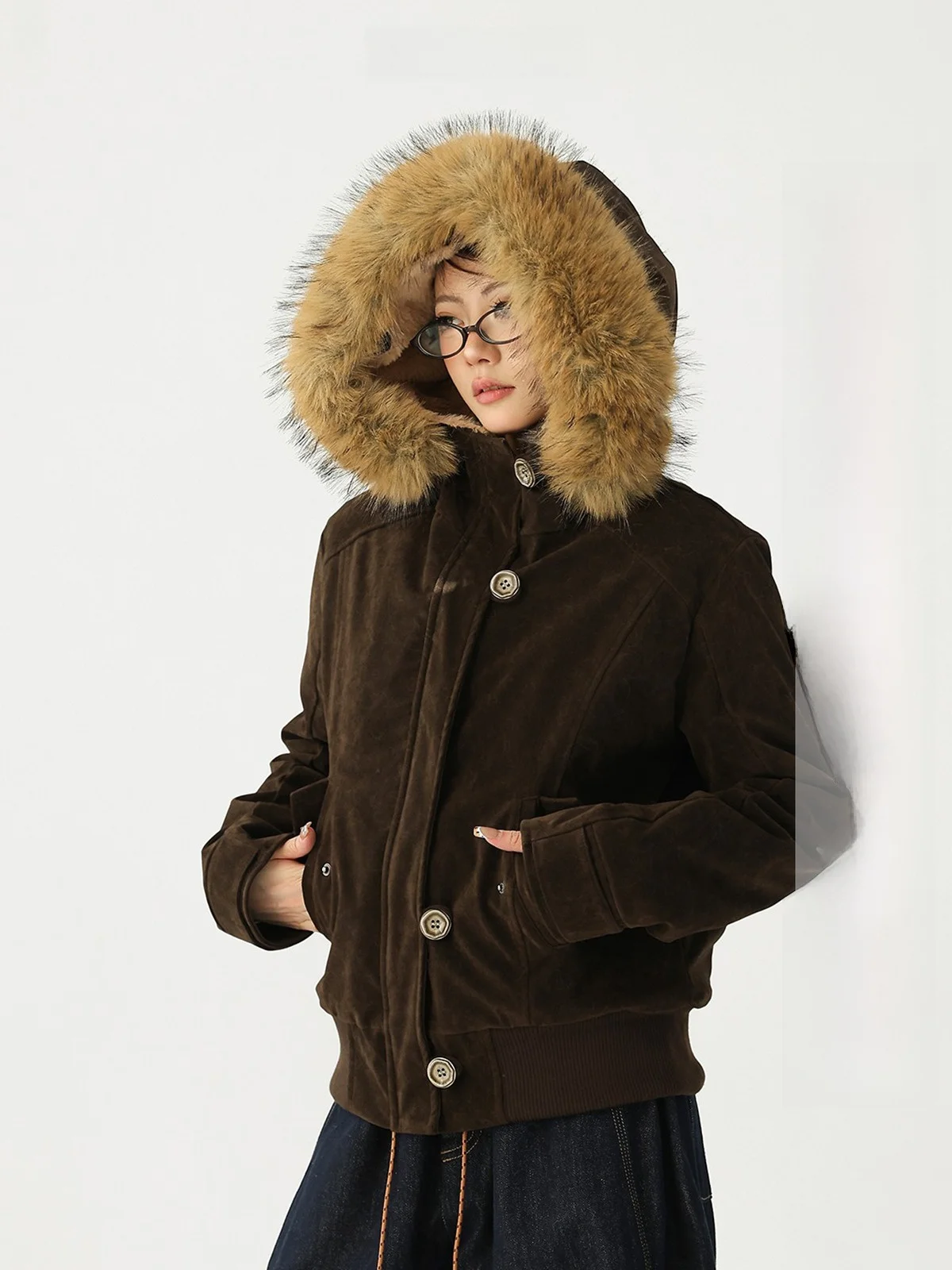 

AceStudios American Retro Workwear Thiened Cotton Lined Suede Coat Hooded Jaet Women's Loose Fit Long Sve Zipper Closure