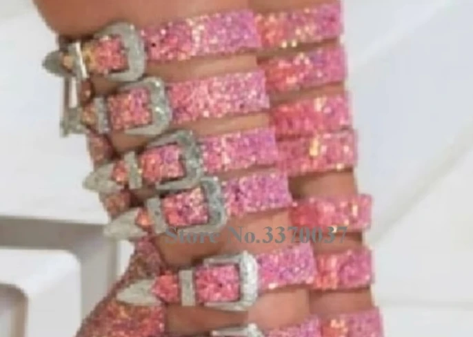 Linamong Bling Bling Pink Glitters Stiletto Heel Short Gladiator Boots Open Toe Sequined Strappy Metal Buckles Thin Heel Sandals view 5