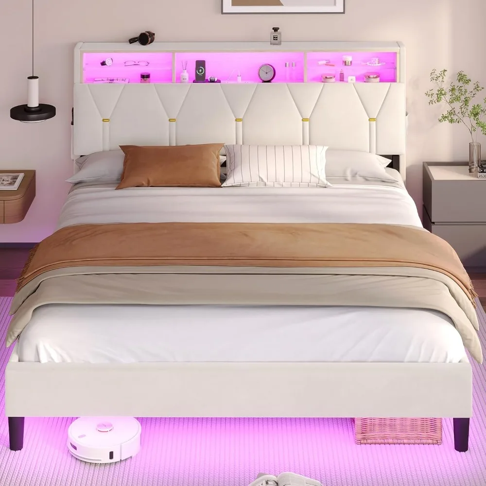 Bed Frame with Headboard Storage & LED Lights, Platform Beds with Charging Station, Velvet Upholstered Bed with Shelf Headboard