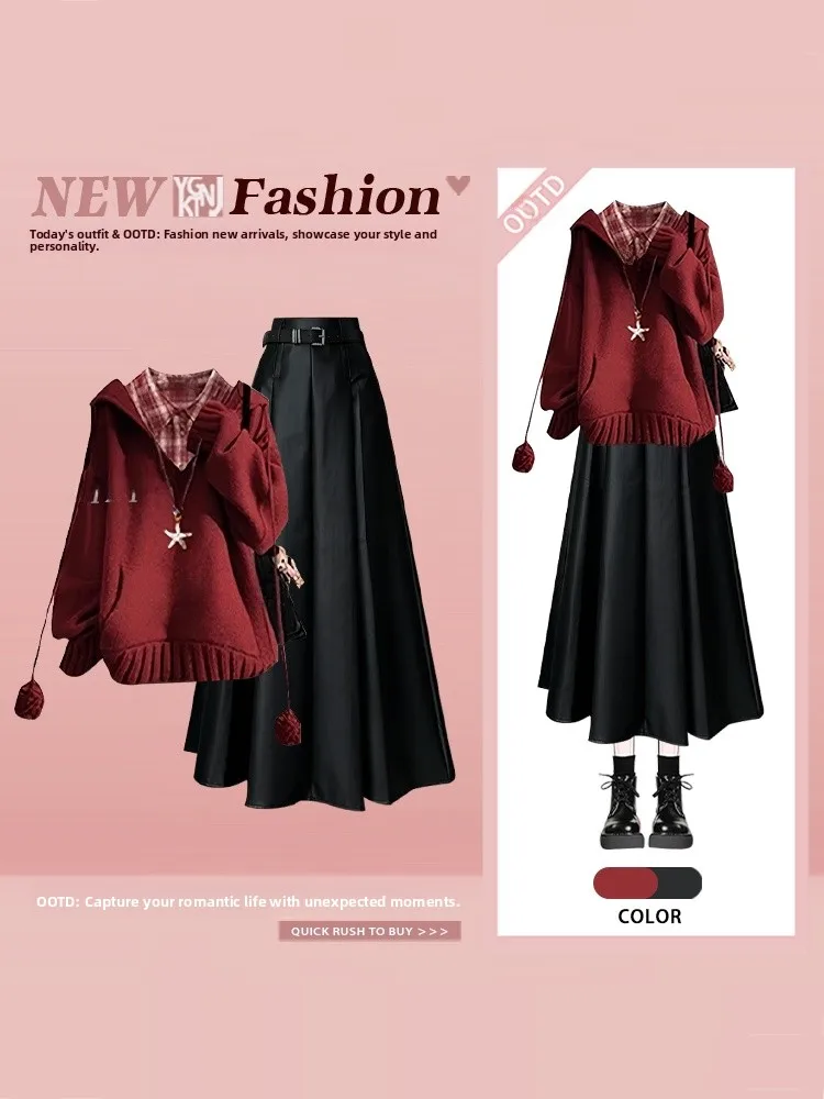 

Loose Hooded Sweater Plaid irt High Waist Skirt Tee Piece Set Autumn Winter Women's Faion Ensemble Long Sve Knitwear