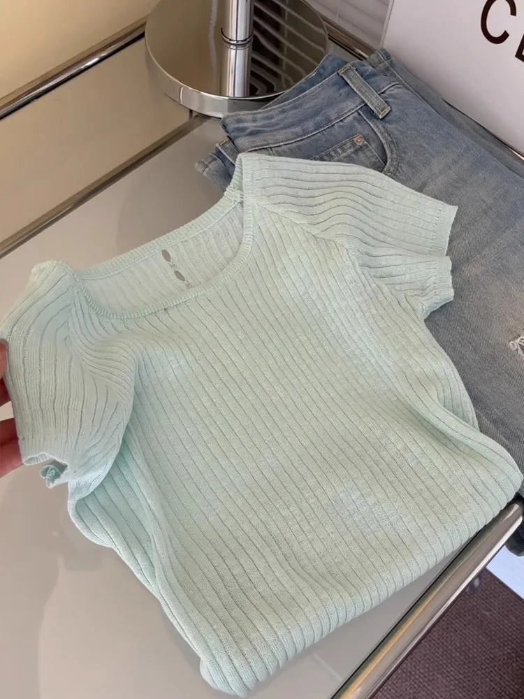 Menthe een tricoté glace soie ort Sve T-shirt femme Faion été Dopane Chic haut respirant humidité ng rond...