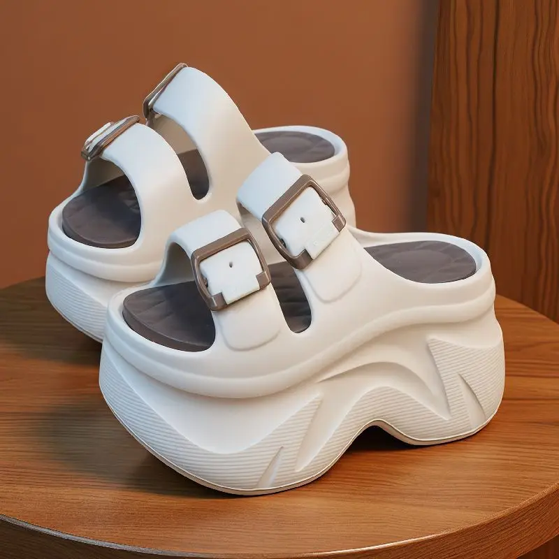 

9cm Platform Wedge Slides Sandals Women Super High Elevator Heels Woman Trendy Chunky Slipper Buckle Straps Sandal Lengthen Legs