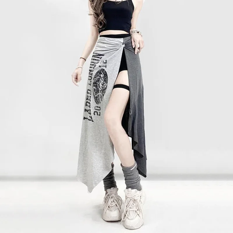 

2025 Women Clothing Summer Y2k Kpop Slit A-Line Skirts Asymmetrical Irregular Design Splicing Slim Fit Spicy Girl Chic Skirt