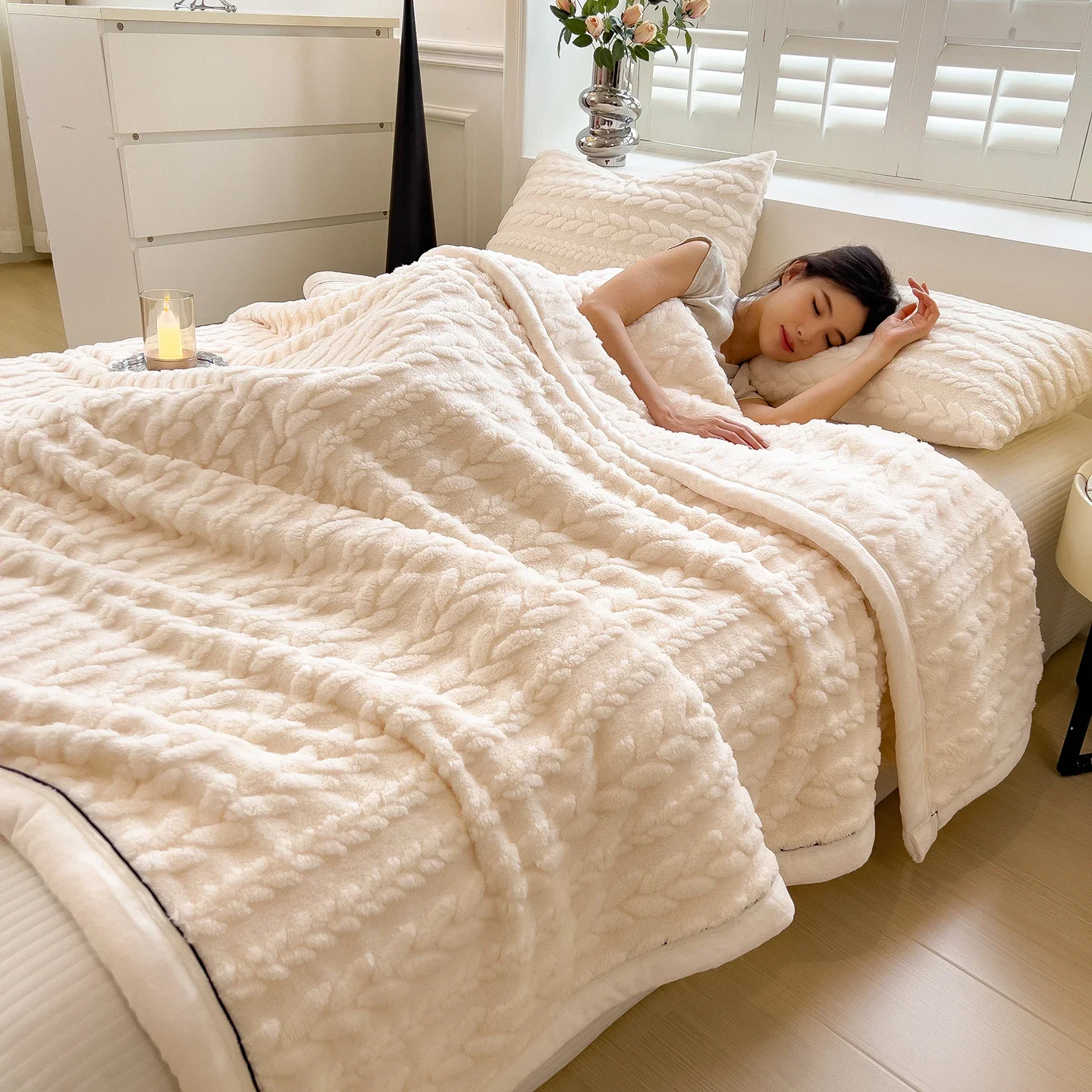 Wheat Ear Jacquard Sherpa Fleece Blanket Thick Warm Autumn Winter Bed Blanket Multipurpose Soft Plush Throw Blanket for Sofa Nap