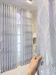 Grey leaf embossed perforated curtains for living room decoration, blackout curtains