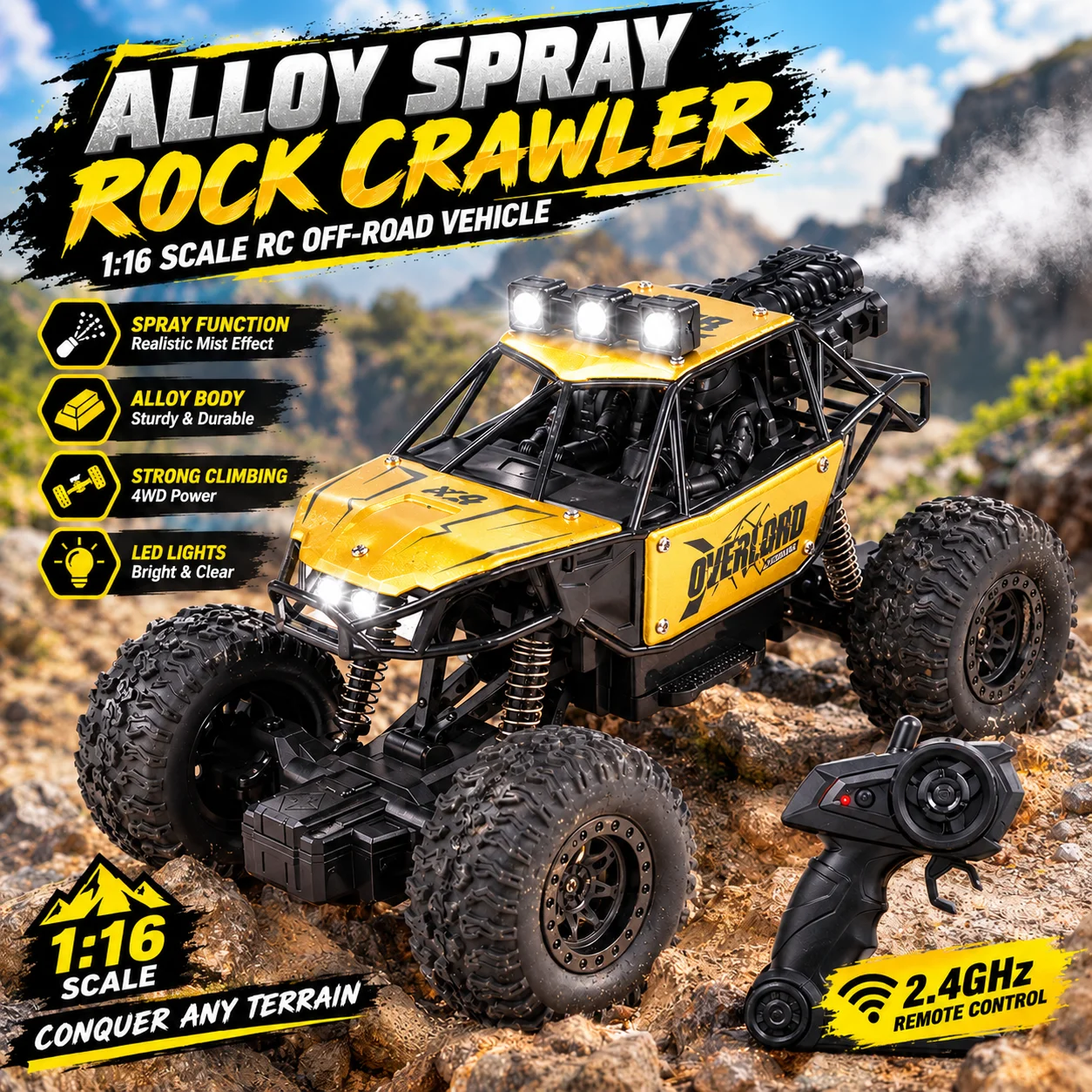 1: 18 scale remote control monster truck, high-speed off-road RC vehicle, with spray, durable gift for adults and children