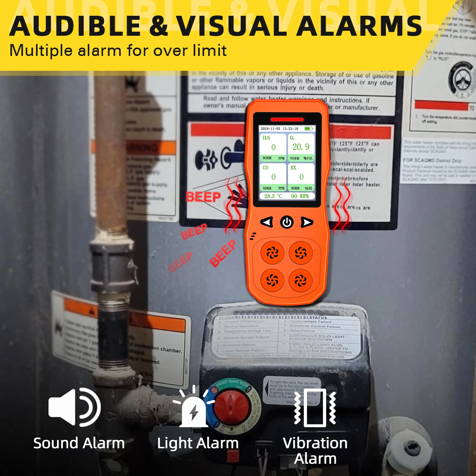 4 Gas Monitor for O2, CO, H2S, Combustible Gas Tester, Rechargeable 4 Gas Leak Detector with Sound,Light & Vibration Alarm
