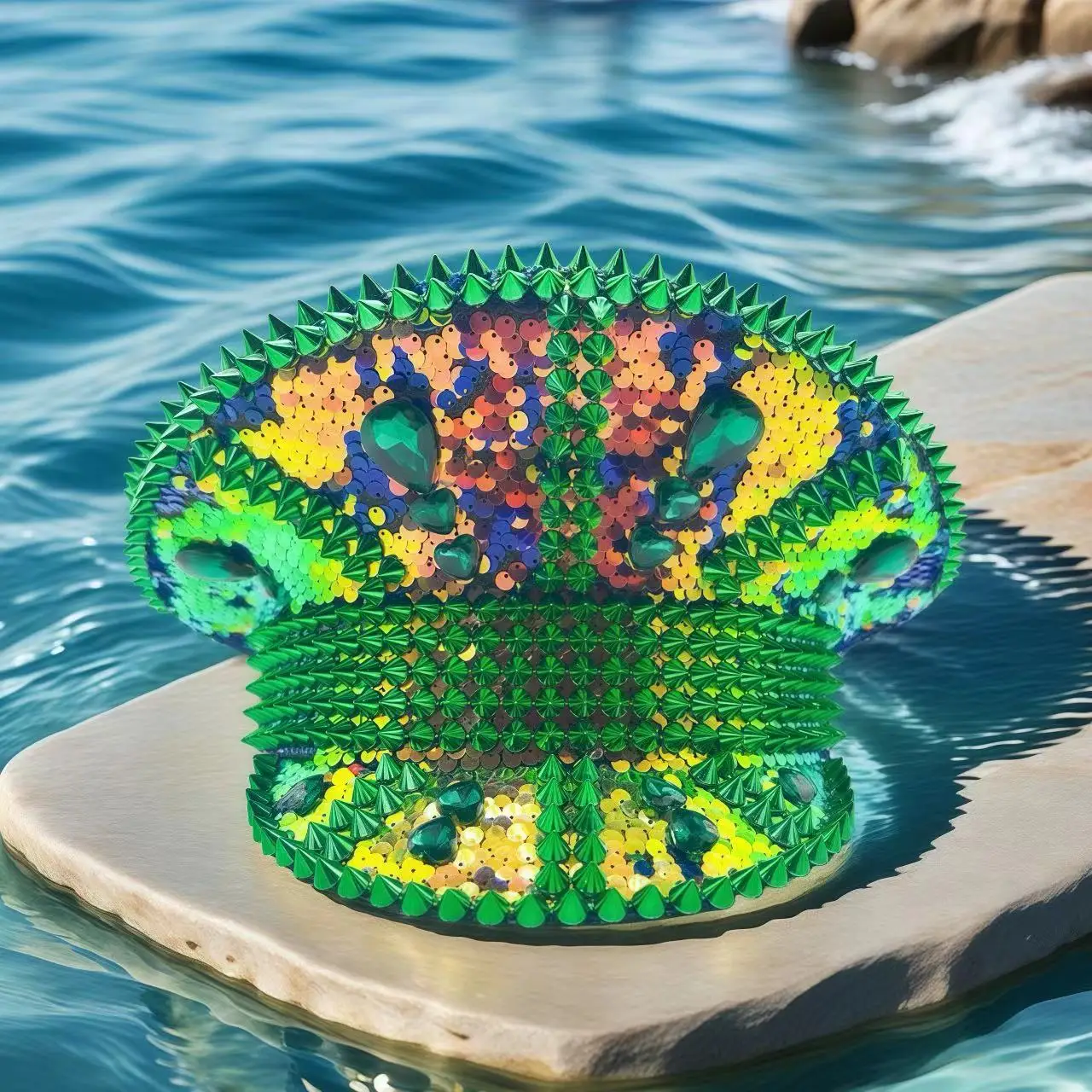 HongLuan Cappello da capitano con anello in pelle laser giallo con strass e berretti militari per donna, accessori per festival rave e berretto da festa da uomo