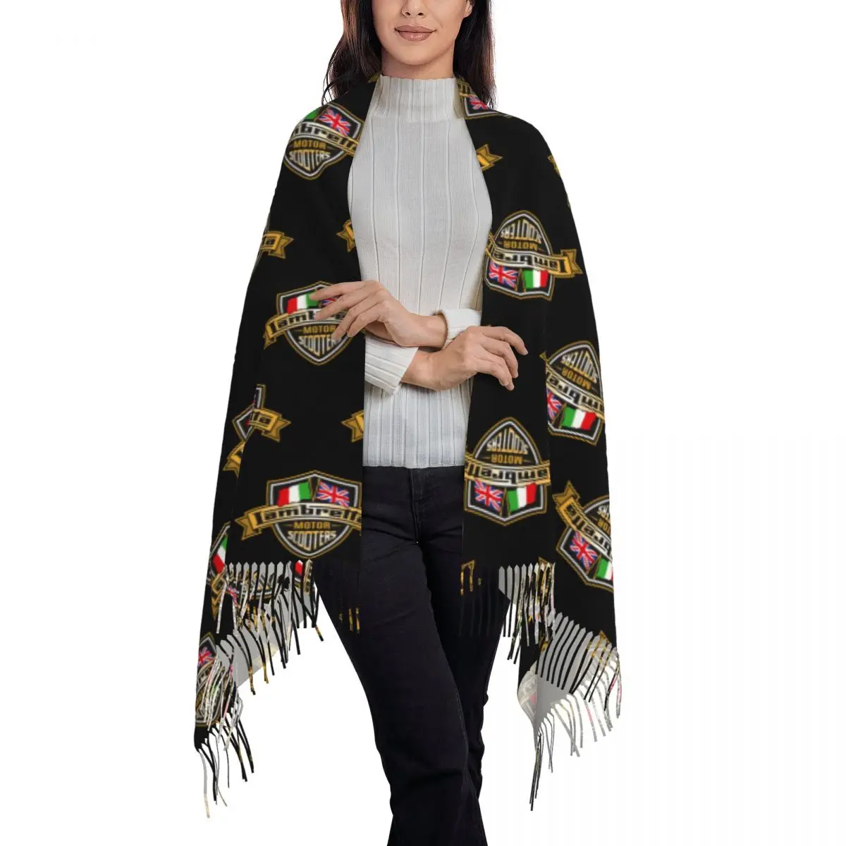 Lambretta Motor Scooters With Union Jack And Italian Flags Scarf Tassel Scarves Women Shawls Wraps Long Fall Winter Shawl Wrap