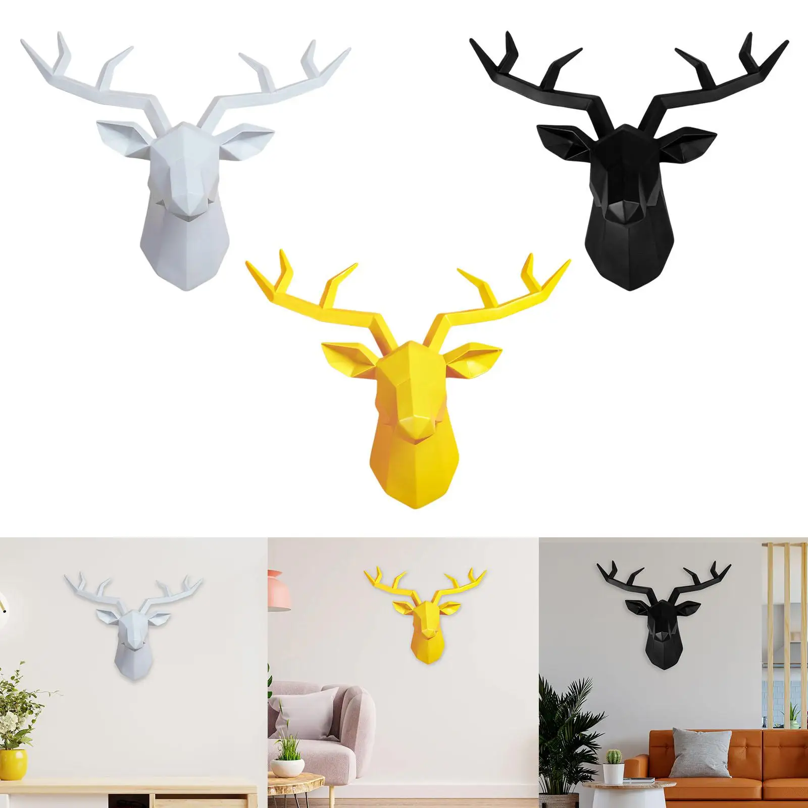 3 Deer Head Sculpture Animal Statue Figurines Wall Mount Modern Elk Ornament Geometrical Antlers Statuette for Bedroom Decor