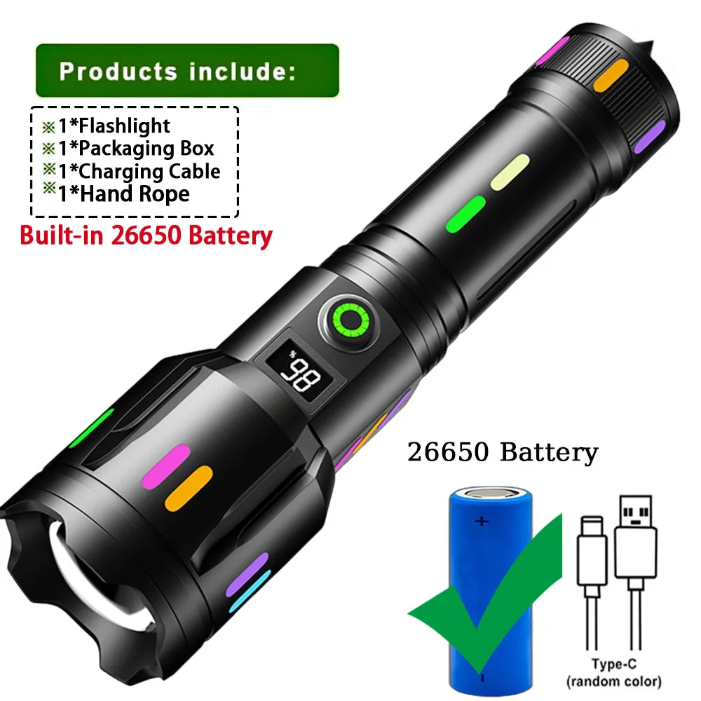 

High Power Spotlight Long Range LED Flashlight Fluorescent Absorbing Film Luminous Colorful Zoom Flashlight Camping Emergency