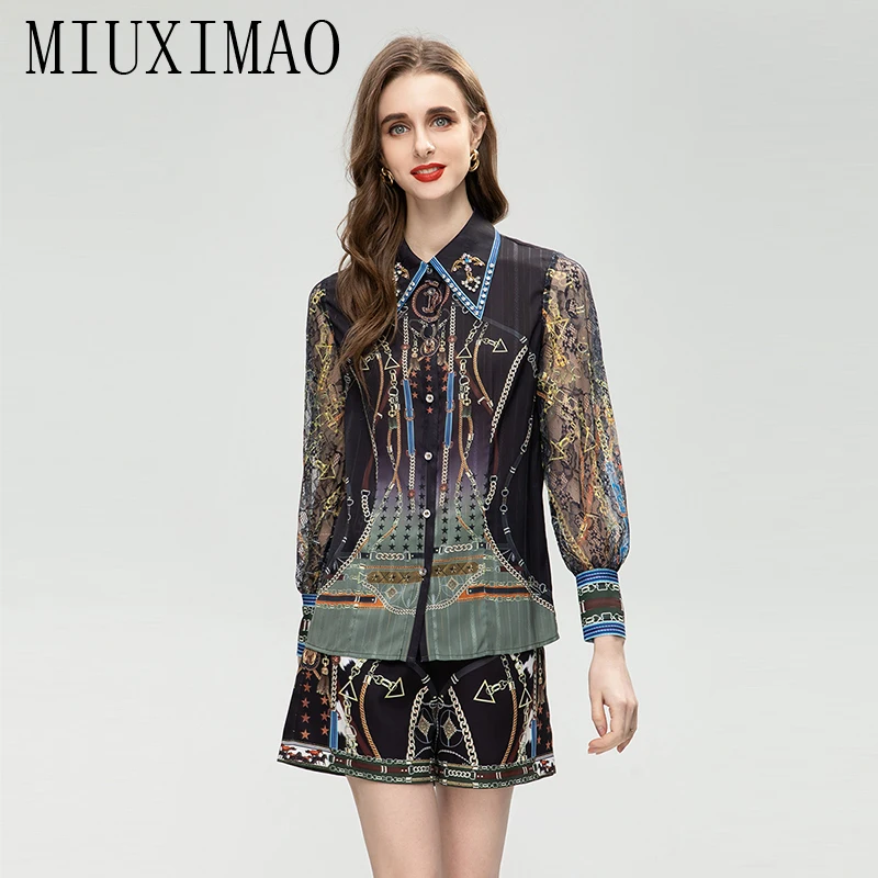 

MIUXIMAO 2023 Elegant Set Long Sleeve Diamonds Collar Lapel Gauze Shirt+Print Pants Fashion Two-piece Set Women Vestide