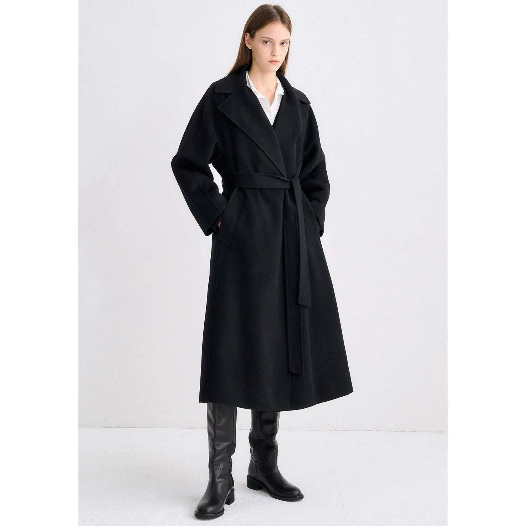 

TIM25 Winter Commute Sle Coat Woolen Hand-Stitched Belted Lapel Slimming Ele Long Sve Mid-Length Single Button