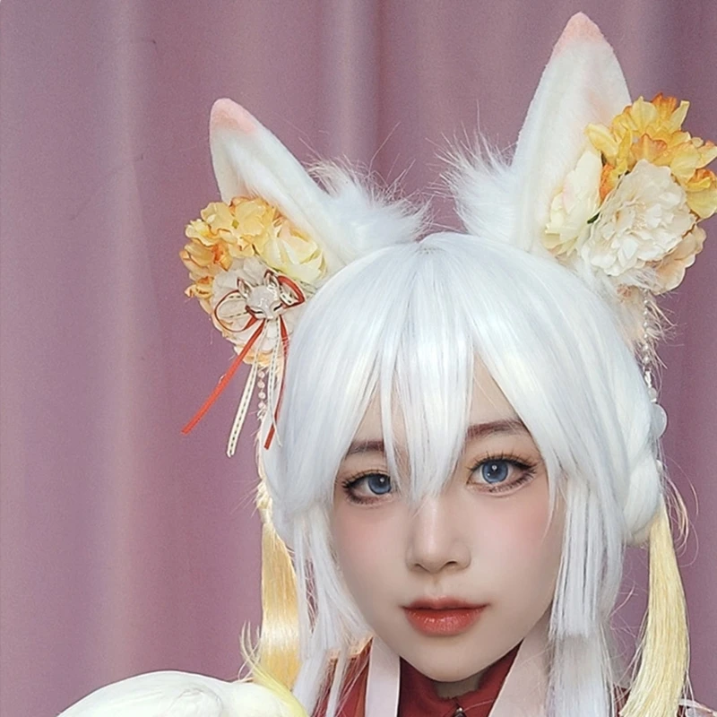 Furry Foxes Ears Cats Girls Cosplays Hair Accessories Cute Plush Ear Headwear Flowers Decorations Role Playing