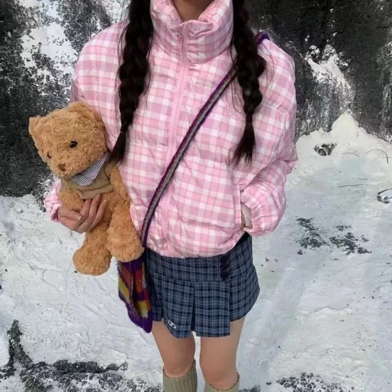 

College-Style Sweet Short Pink Plaid Collared Cotton Jacket for Women Winter New Warm Trendy Cold-Weather Coat Winter Coat