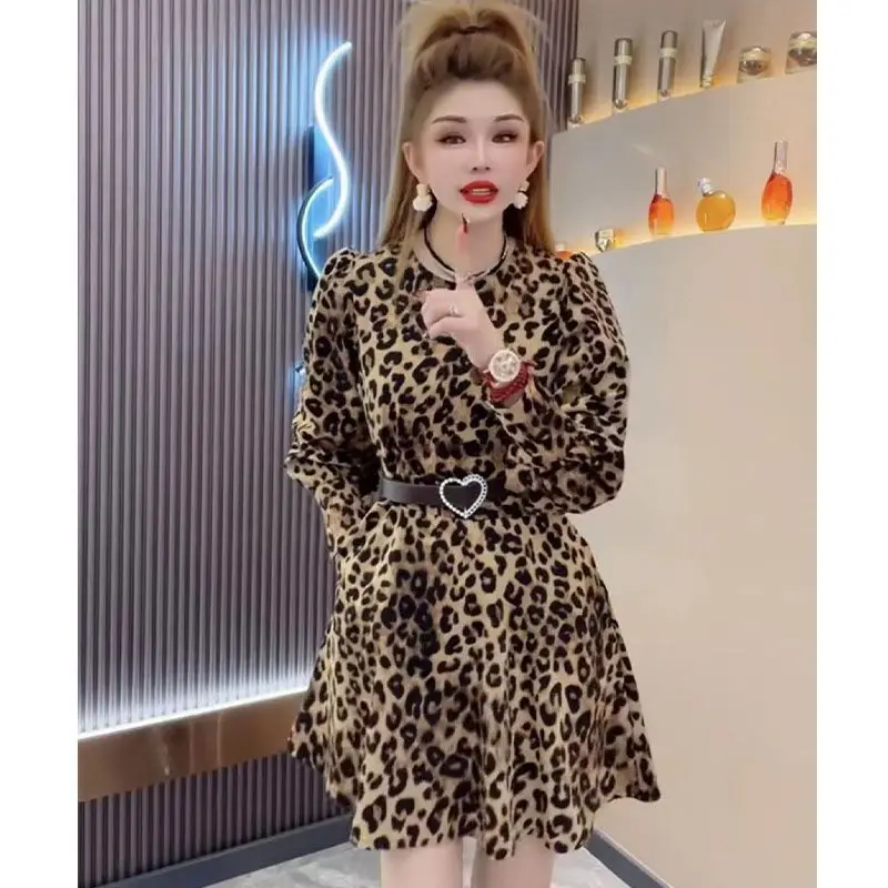 Early Spring New Internet Celebrity French Waist Cinching Leopard Print Dress with Stylish Splicing to Show Off Slim Dresses