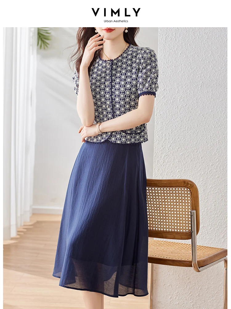 Vimly 2024 Summer Women\'s Outfits Two Piece Skirt Sets Navy Lyocell Solid Midi Skirts Embroidery Short Sleeve Tops Matching Sets