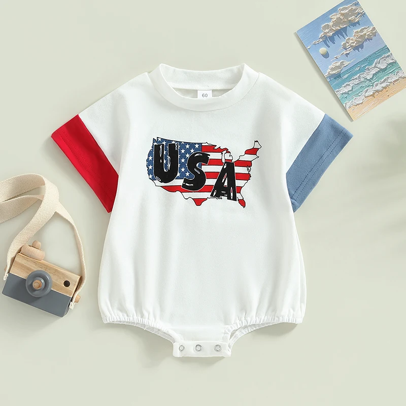 Independence Day Infant Jumpsuit Patriotic Short Sleeve Romper with American Flag Print Newborn Outfit for 4th of July