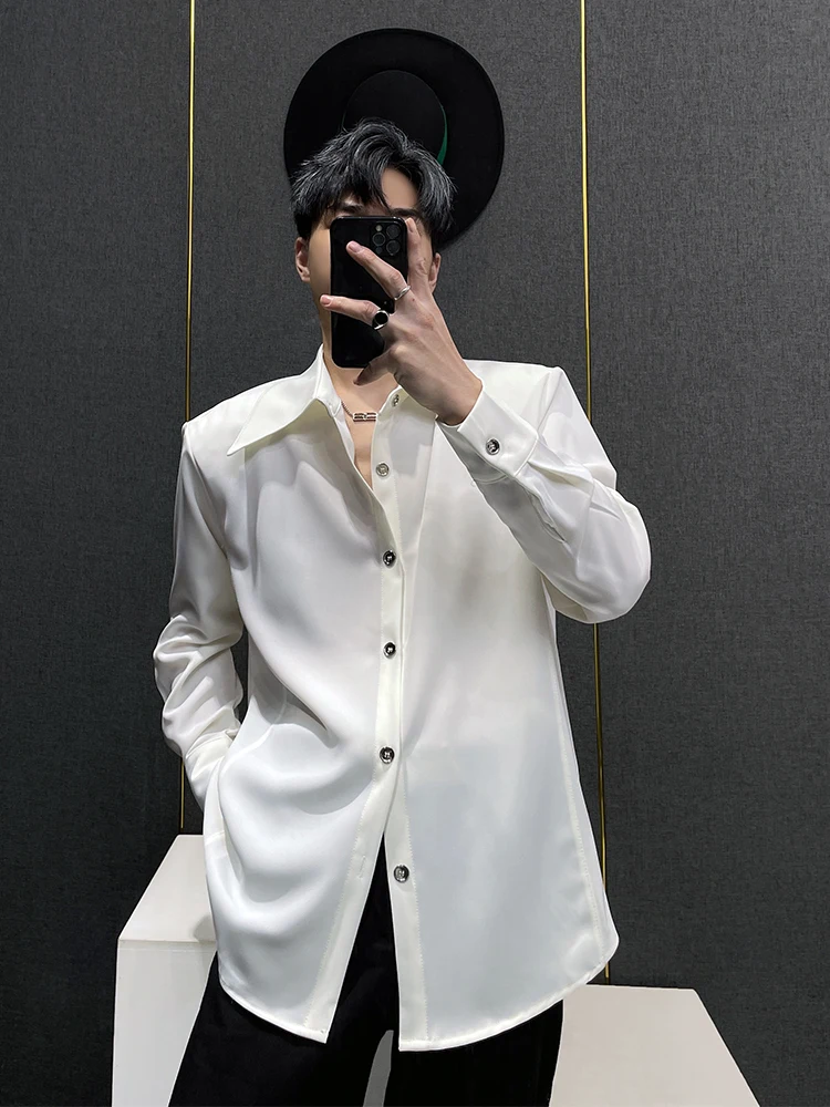 

Белая мужская рубашка с длинным рукавом, весна 2024, свободного кроя, повседневная, с подплечниками, однотонная, универсальная, из ледяного шелка, не требует глажки
