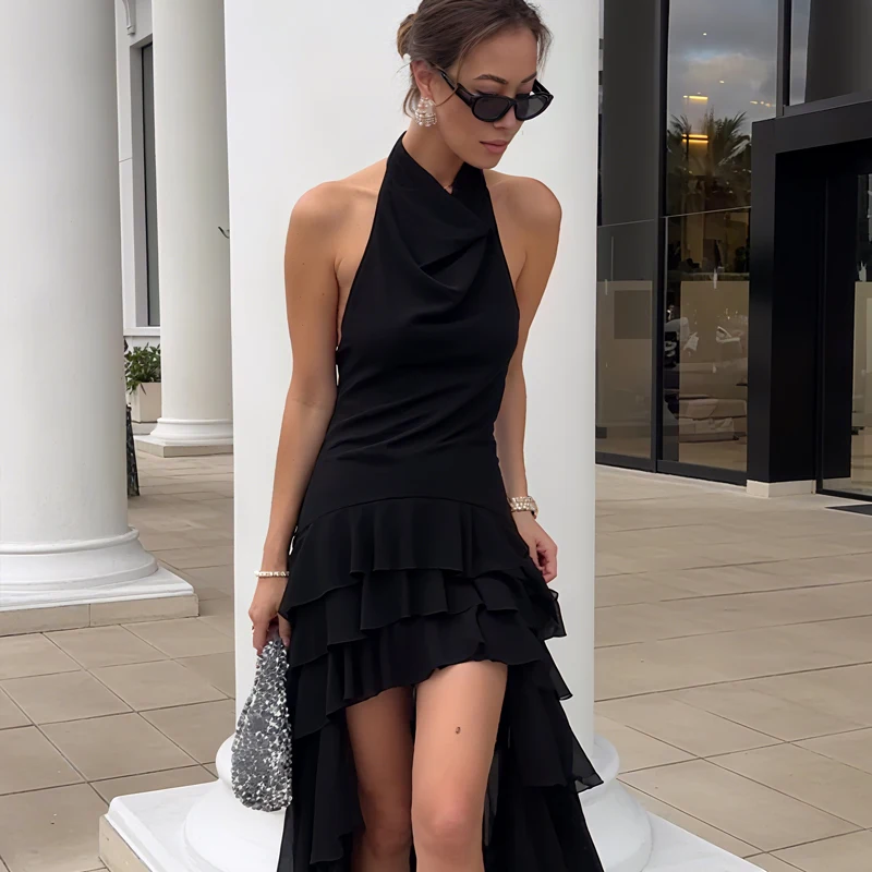 Abito da donna Abiti lunghi da sera a pieghe 2025 Corsetto senza schienale senza maniche Abito asimmetrico in tulle con volant a strati