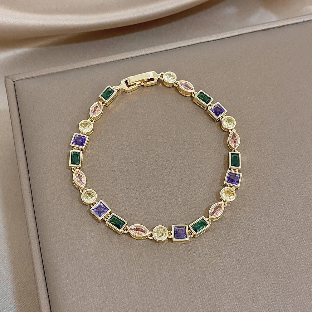 AENSOA Vintage Multicolor Tennis Bracelet Gold Plated Copper Square Oval Crystal Waterproof Bracelets For Women Party Gift