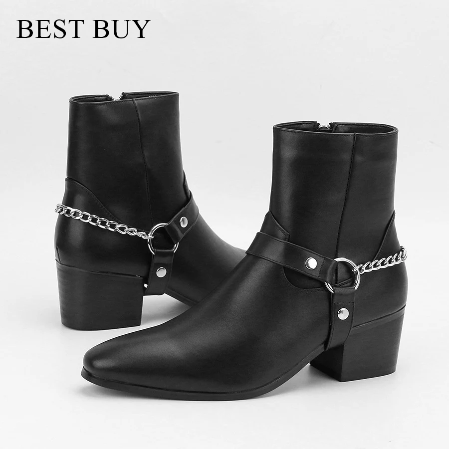 New Beige /Black Leather Shoes Chains Buckle Men Boots Stacked Heel Anke Boots Side Zip Men Fashion Shoes motorcycle boots