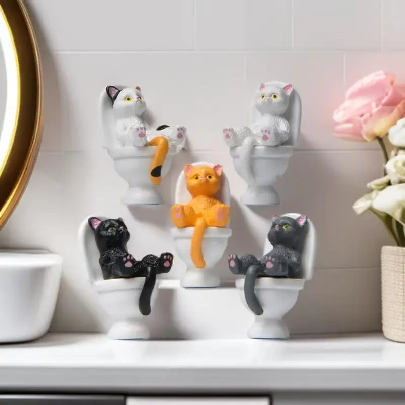 Cute Cat Sitting On Toilet Figurine Mini Resin Kitten Statue Funny Ornament for Bathroom Shelf Home Decor Cat Lover Gifts