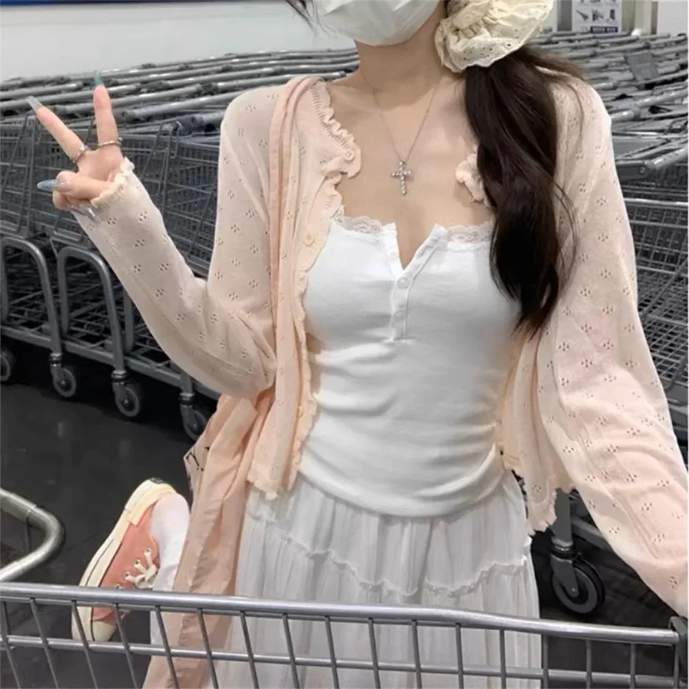 Koreaanse stijl schattig uitgehold dun gebreid vest dames zomer zwart wit beige roze vest lange mouw slanke korte knop top