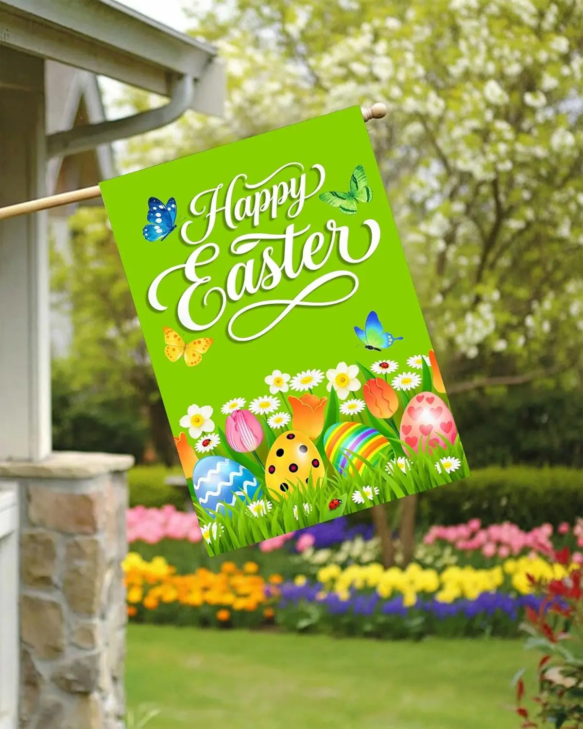 Easter colorful Eggs Butterflies Daisy Tulip Flowers Green House Flag 28