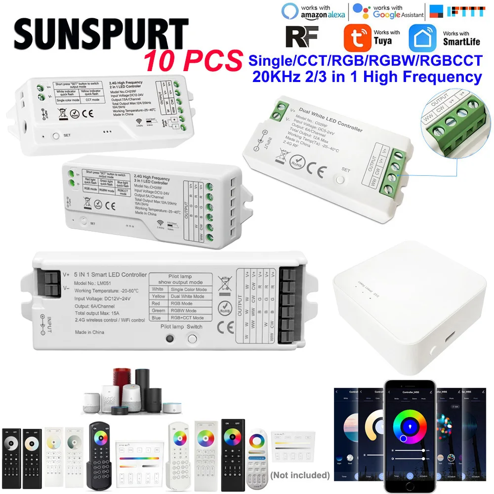 

1-10 pcs. Smart Ribbon LED Dim CCT RGB RGBW RGBCCT 5 in 1 RF Controller 2.4GHz Gateway Wifi High Frequency 20KHz 12V 24V 4 8 ZON