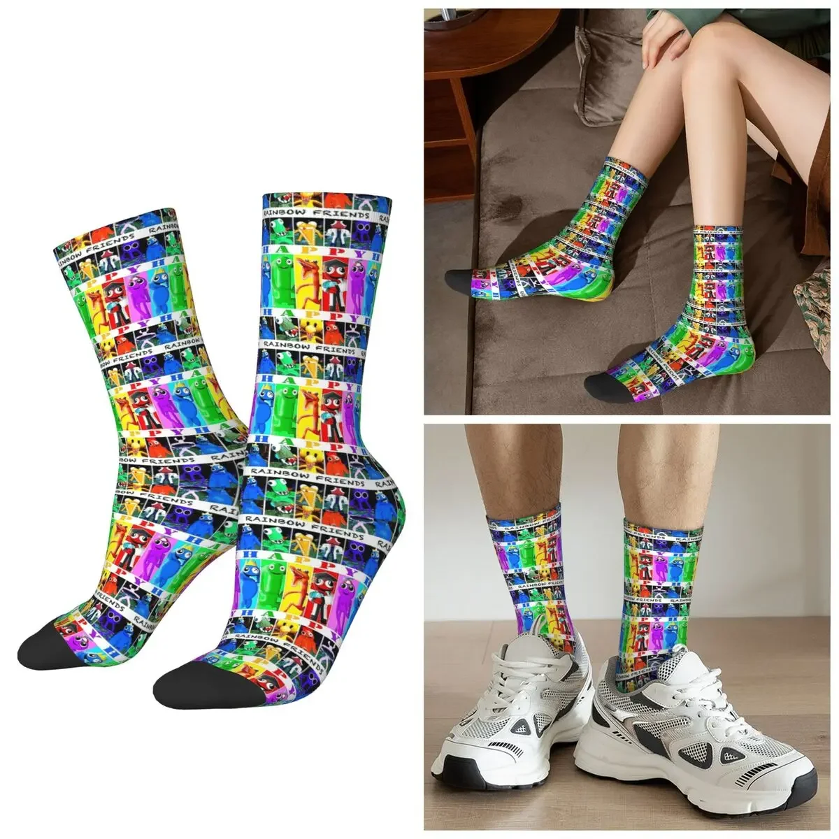 

All Seasons Rainbow Friends Happy Happy Socks Harajuku Crew Socks Funny Stockings for Men Women Valentine's Day Gifts