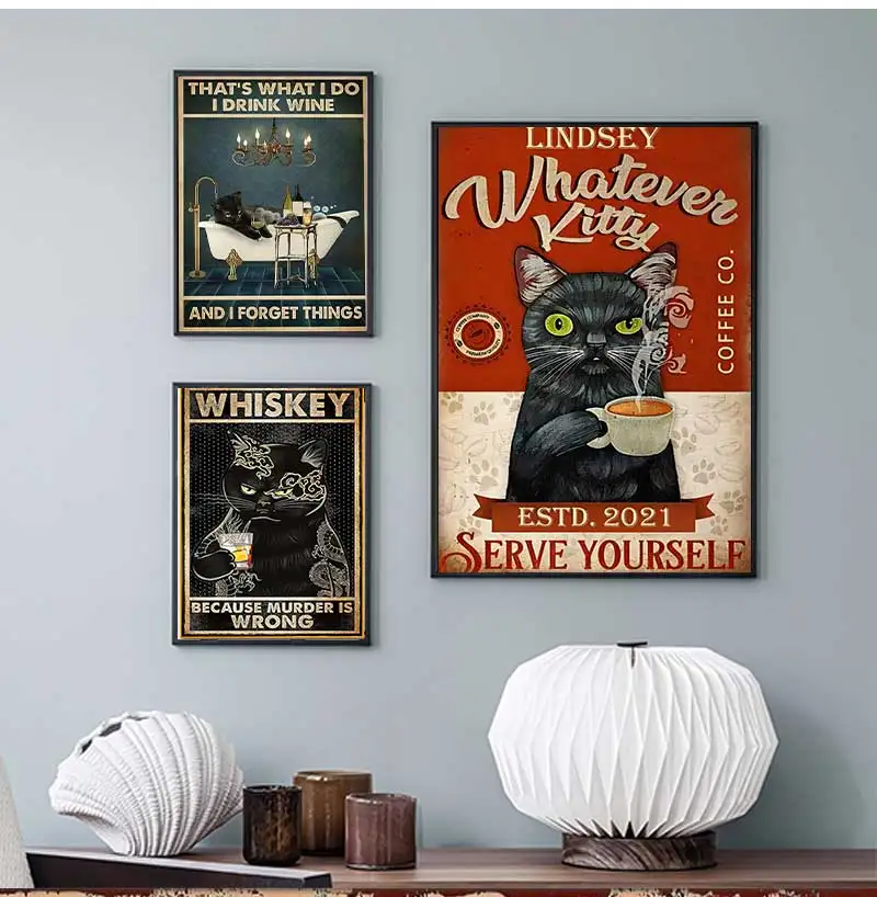 Vintage mental black cat posters kraft my lord wall frames funny decoration chambre painting on canvas style fashion