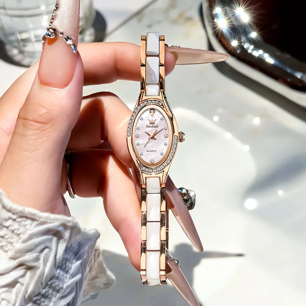 

OLEVS 7131 Элегантные женские часы с кварцевым механизмом, фарфоровым ремешком, водонепроницаемостью 30 м, изысканным циферблатом с бриллиантами, модные часы для женщин