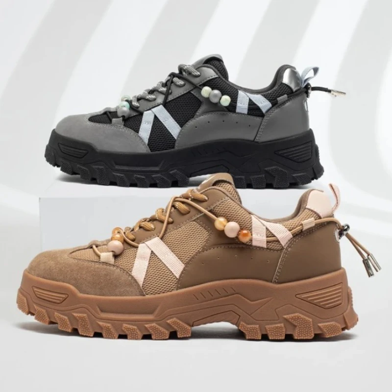 

Retro String Bead Decoration Platform Sneakers Woman Fashion Lace Up Height Increasing Sports Shoe Cozy Breathable Running Shoes