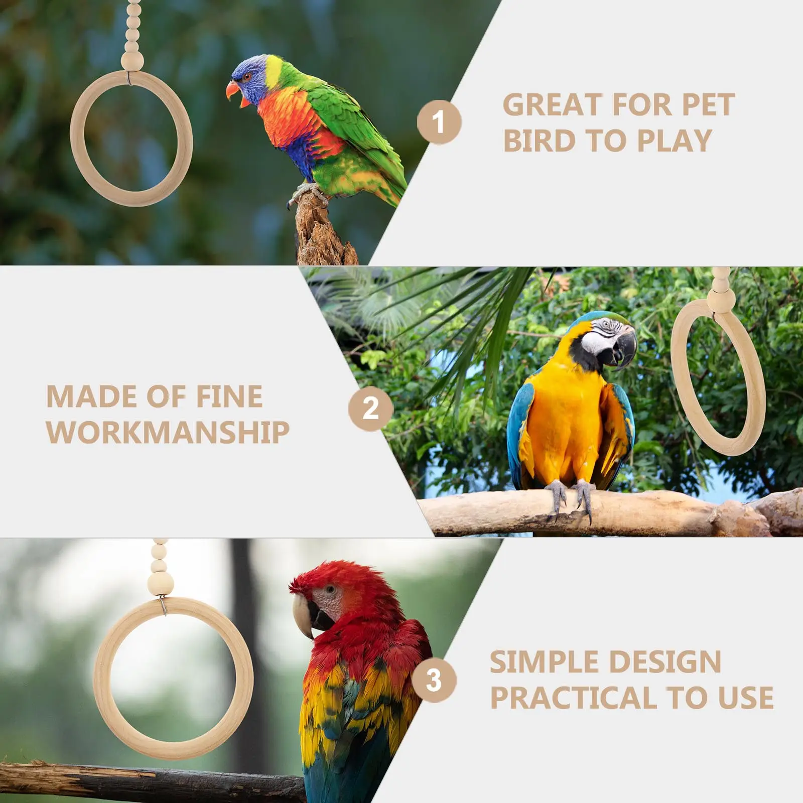 2Pcs Bird Wooden Swing Parrot Cage Accessory Safe Natural Timber Round Ring Perch for Playing Exercising Resting Chewing