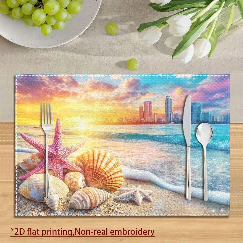 Colorful 3D Sunset Beach Heat Resistant Washable Table Placemats Dining Holiday Kitchen Decor 4 Piece Set