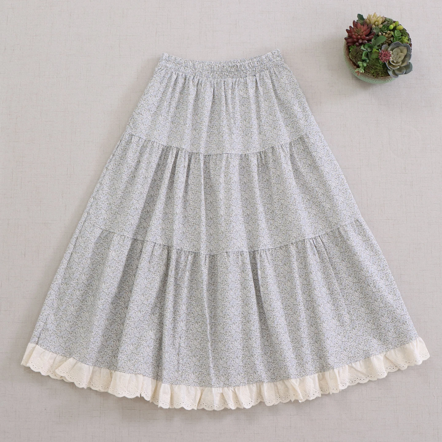 Japanese Sweet Mori Girl Vintage Floral Printed Lace Hem Patchwork Skirts Women Summer Elastic Waist Casual Loose A-Line Skirts