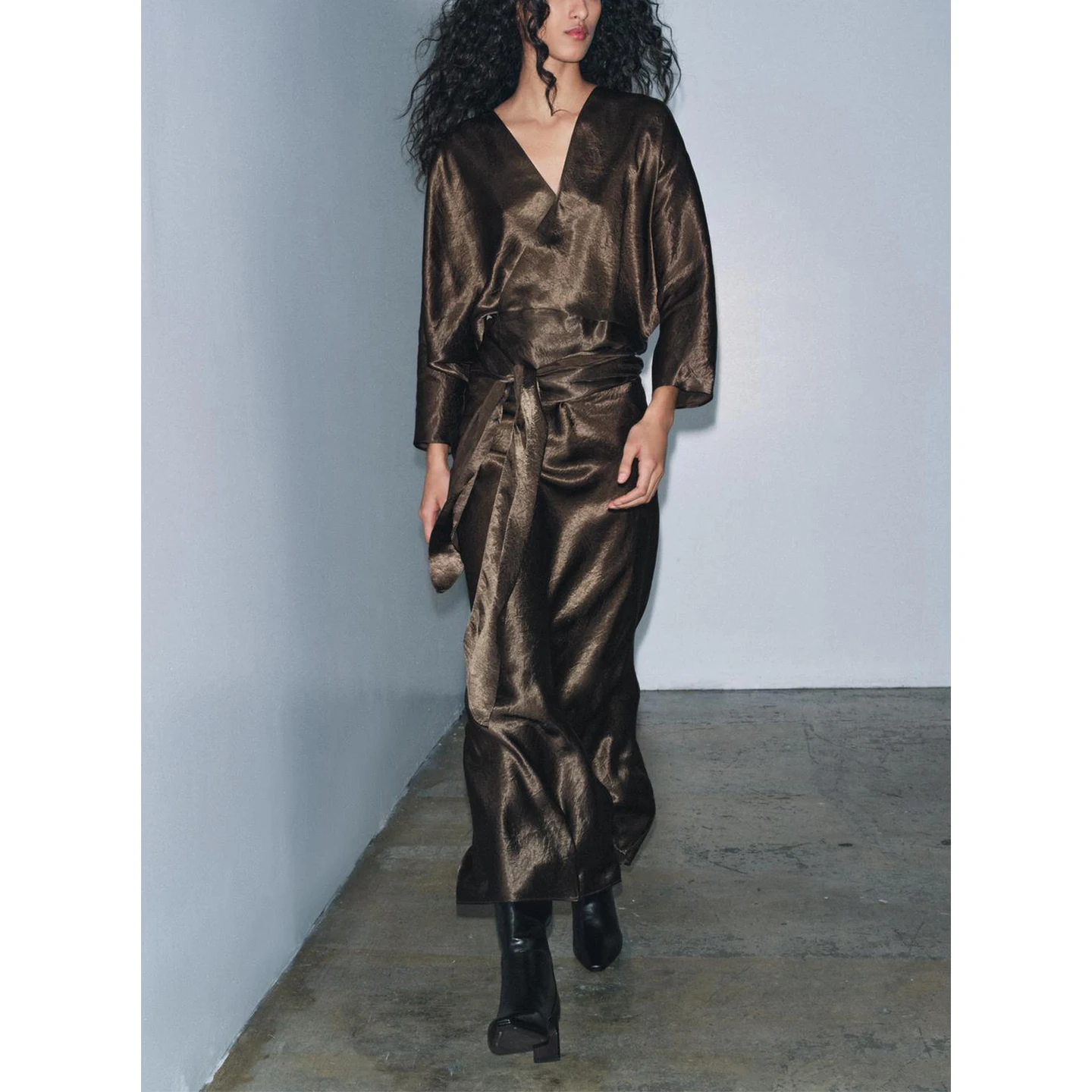 Winter New Arrival Women's Dr  Knot Belt V-ne Long Sve Satin Double-breasted Dr Casual Sle Ci Commute