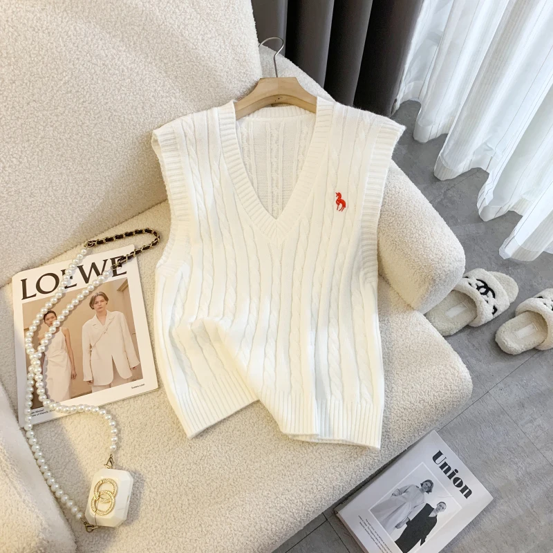 Fashionable Embroidery V-neck Knitted Vest Women\'s Sweater Spring/Autumn Top New Camry Shoulder Clip