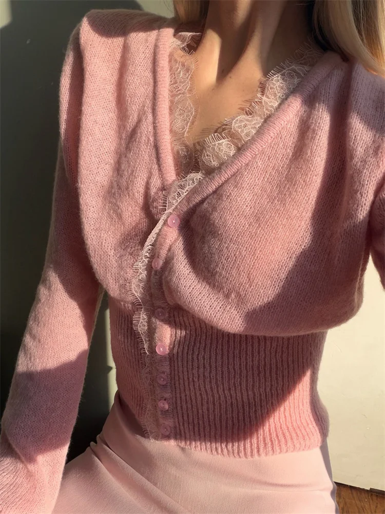 Tossy Lace Patchwork Knit Sweater Cardigan Female Ribbed Casual High Waist Loose Summer 2026 New Coat Women's Knitwear Cardigan