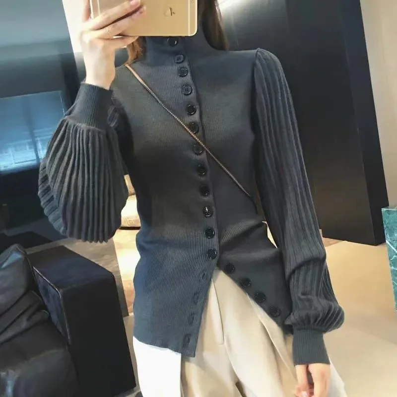 Spring Autumn Sweater Jacket 2024 New Single-Breasted Women's Clothes Solid Colour Fashion Balloon Sleeve Knitwear Coat Female