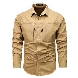 Men's long sleeved shirt with multiple pockets design, suitable for outdoor spring and autumn men's casual buttoned shirts