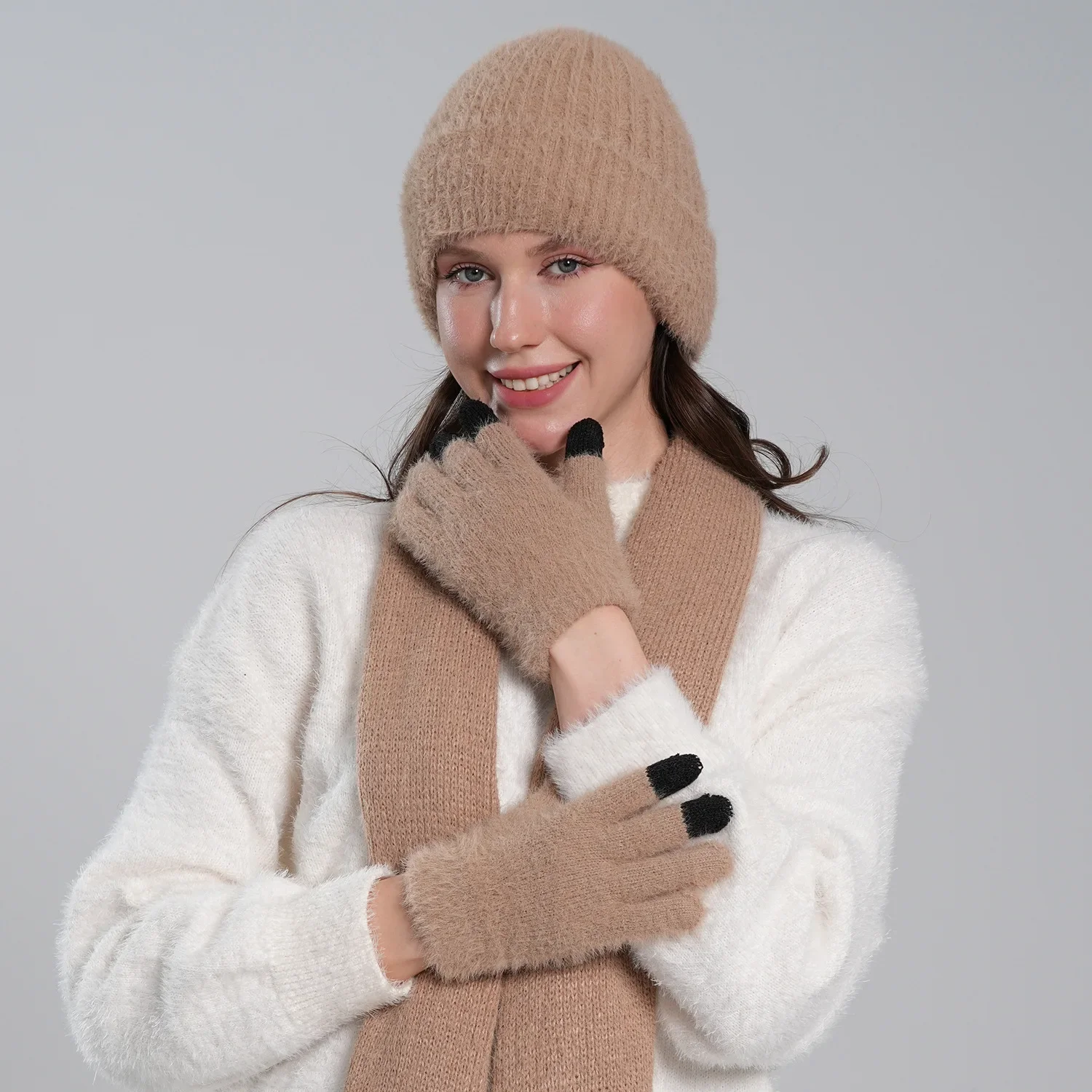3 Piece Winter Knit Accessory Set with Hat Scarf Touchscreen Gloves for Adult Men Women New Style