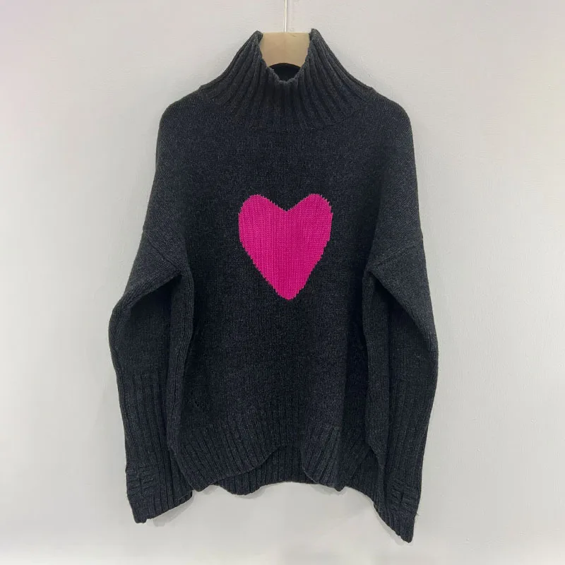 Zadig Women Sweaters Casual Turtleneck Cashmere Loose Jumpers Female Casual Dark Grey Cashmere Knitwears Pink Rose Heart Sweater