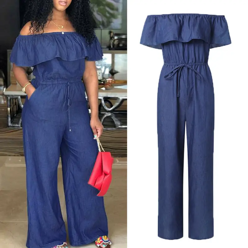 Mode Casual Vrouwen Solide Off Shoulder Lange Romper Jumpsuit Bodysuit Over Het Algemeen Wijde Benen